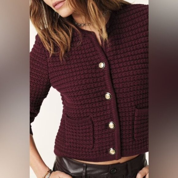 NEW Ba&sh Bash Gaspard Tweed Cardigan Jacket in Burgundy Red | size 2  / M - Picture 5 of 15